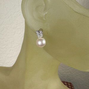 NEW Fancy Genuine Pearl & CZs Stud Earrings in Real Silver (not plated)
